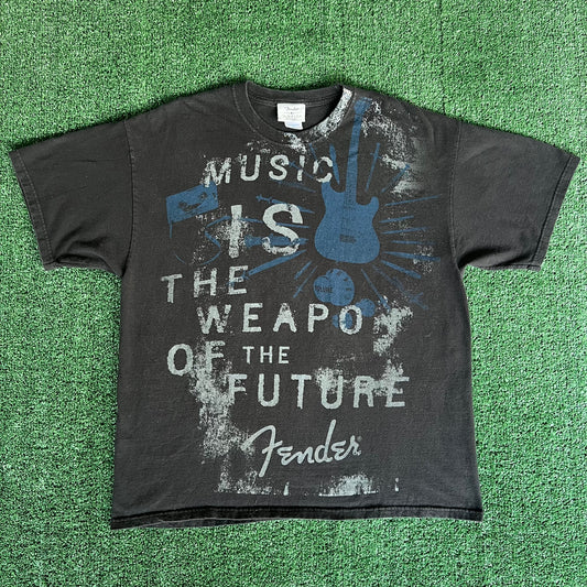 Y2K Fender Guitars "Music Is The Weapon Of The Future" AOP Black T-Shirt - XL