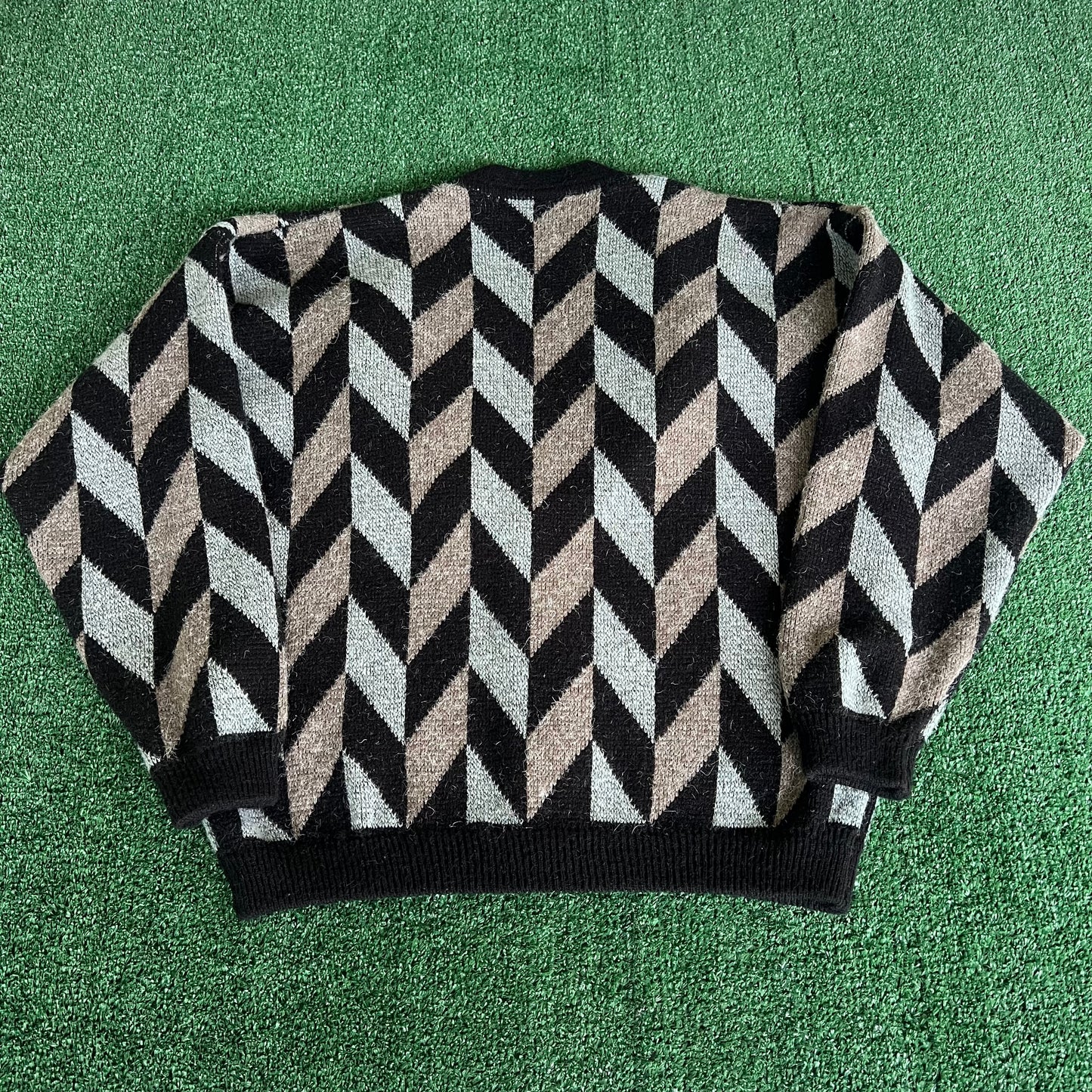 90s Florenzi Geometric Neutral Tone Baggy Cardigan Kurt Cobain Grunge - XL