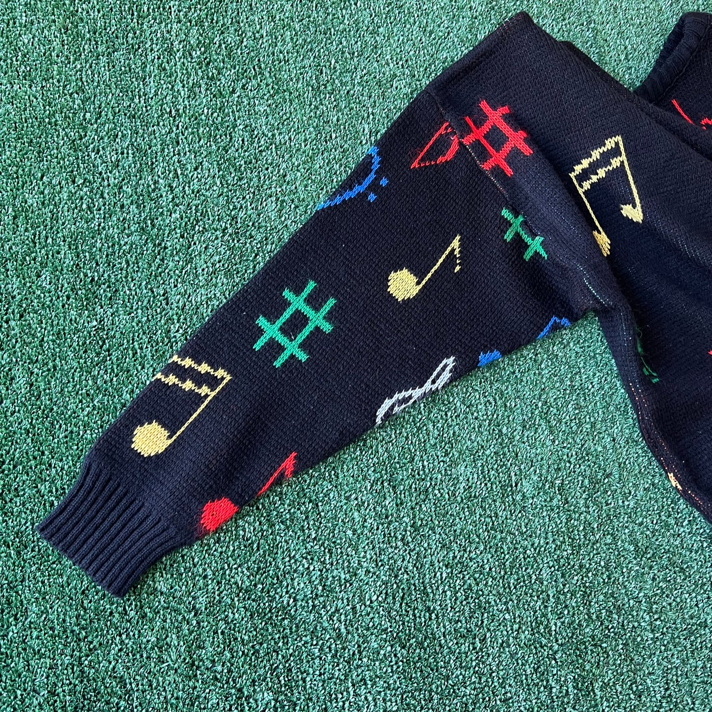 80s Albert Elovitz AOP All Over Knit Acrylic Piano Key Music Note Sweater - XL