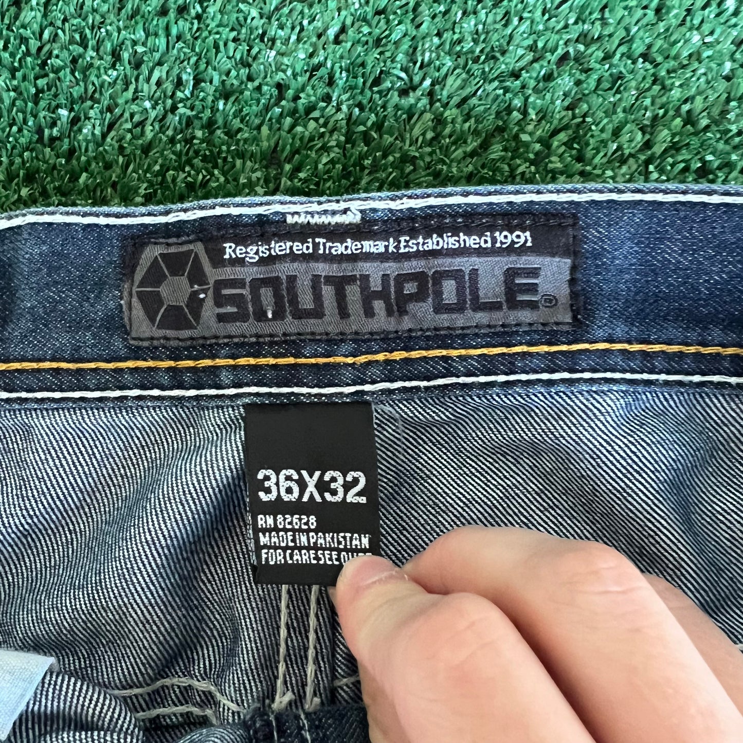 Y2K Southpole Brown Tab Indigo Blue Jeans Baggy Straight 35x30.5" 18" Opens