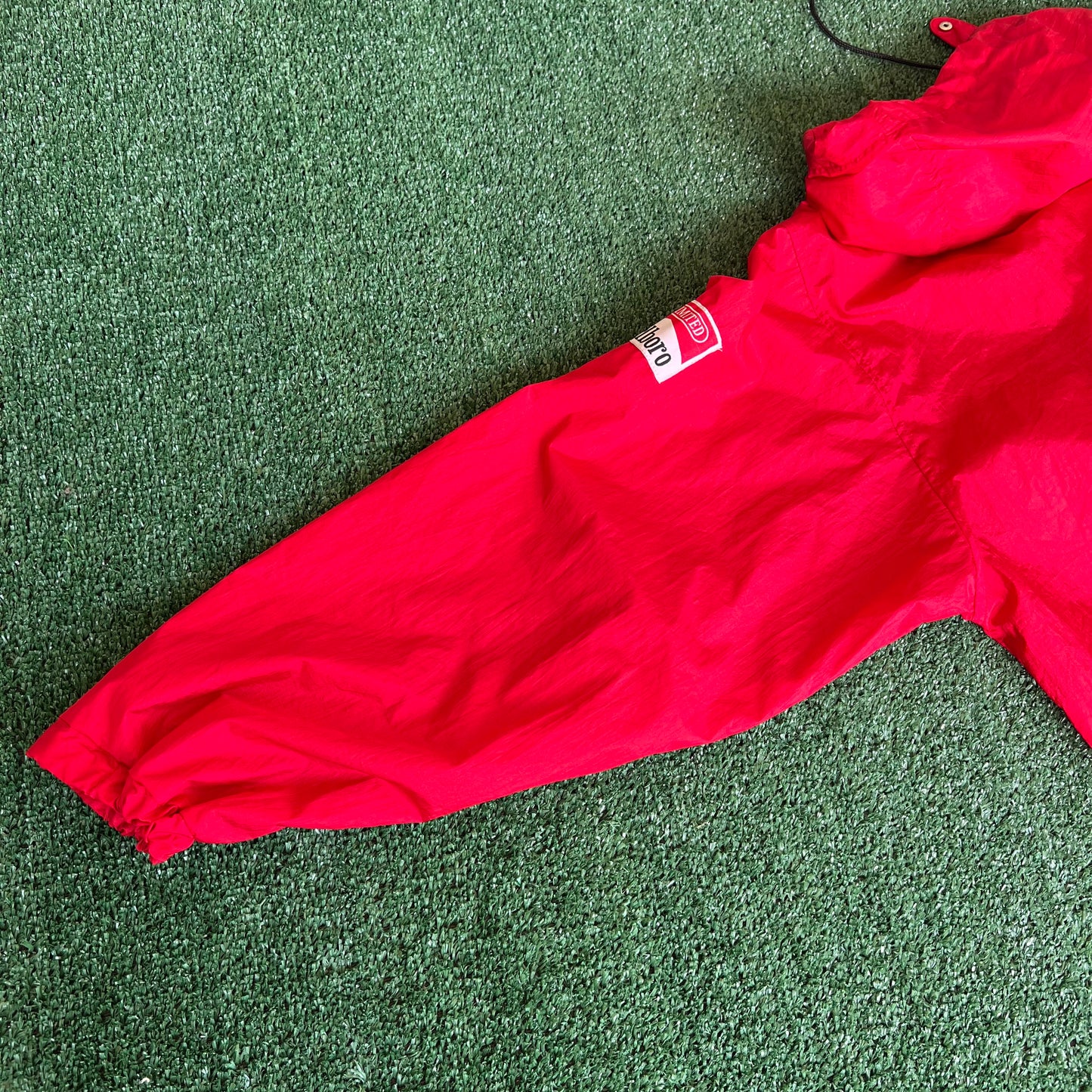 90s Marlboro Cigarettes Packable Red Hooded Windbreaker Jacket - Large