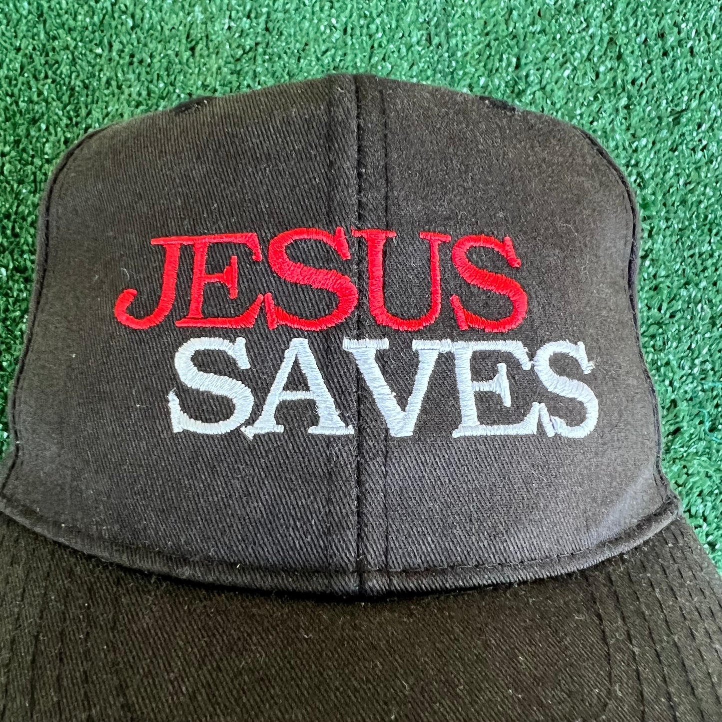 90s Jesus Saves Faded Black Snapback Hat