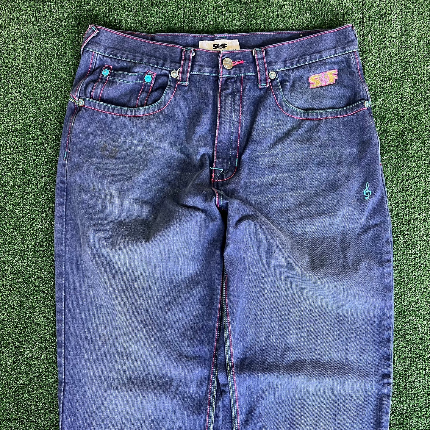 Y2K Songs Of Freedom Dark Blue Baggy Embroidered Jeans - 37x32" 20" Opening