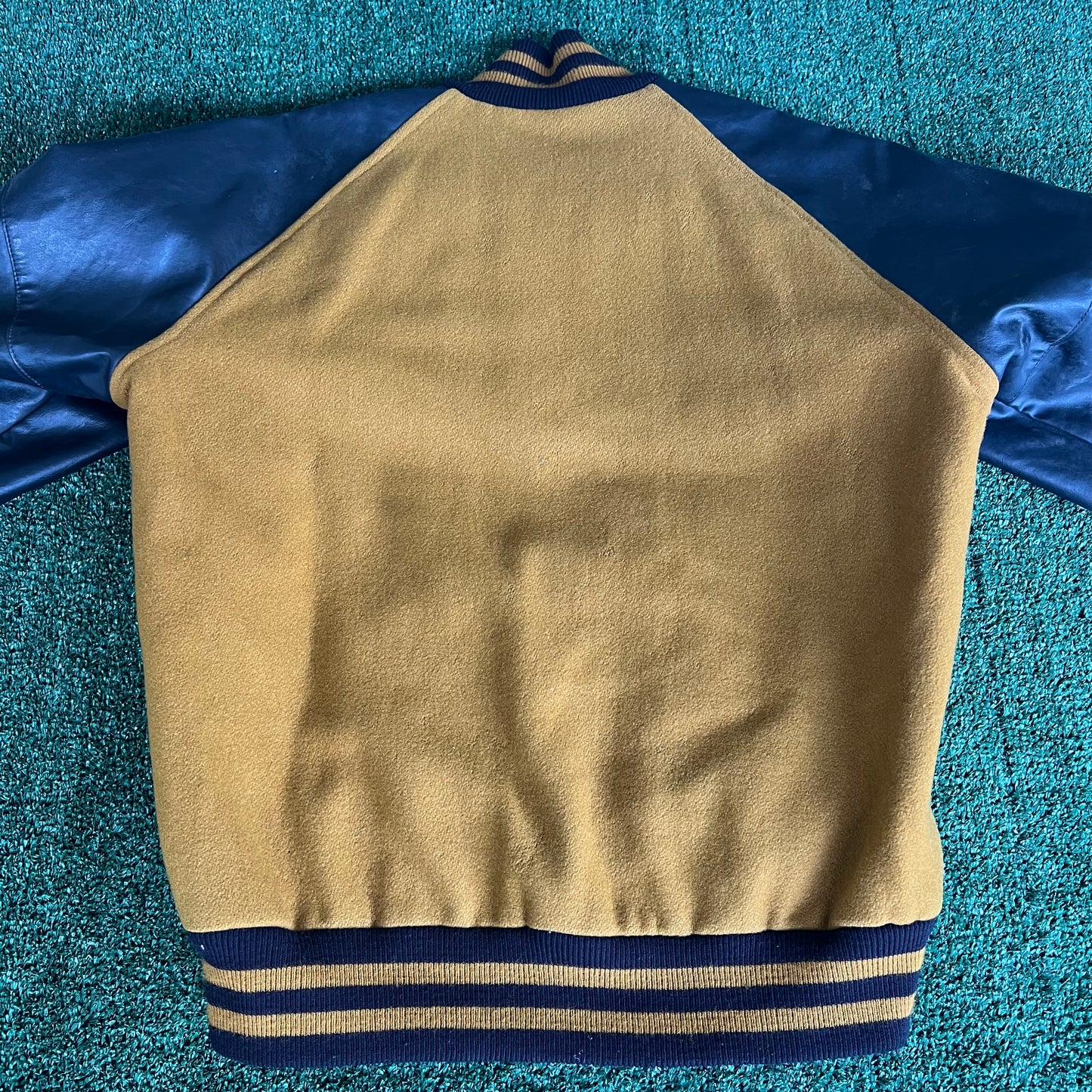 90s Tejas Wool Leather Varsity Jacket Band Patch Mustard Yellow Black - Large