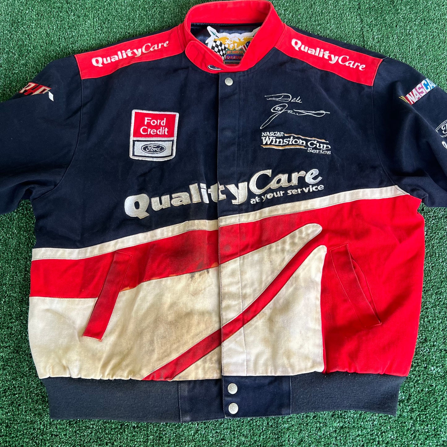 90s Jeff Hamilton Nascar Dale Jarrett Faded Stained Quality Care Jacket - XL