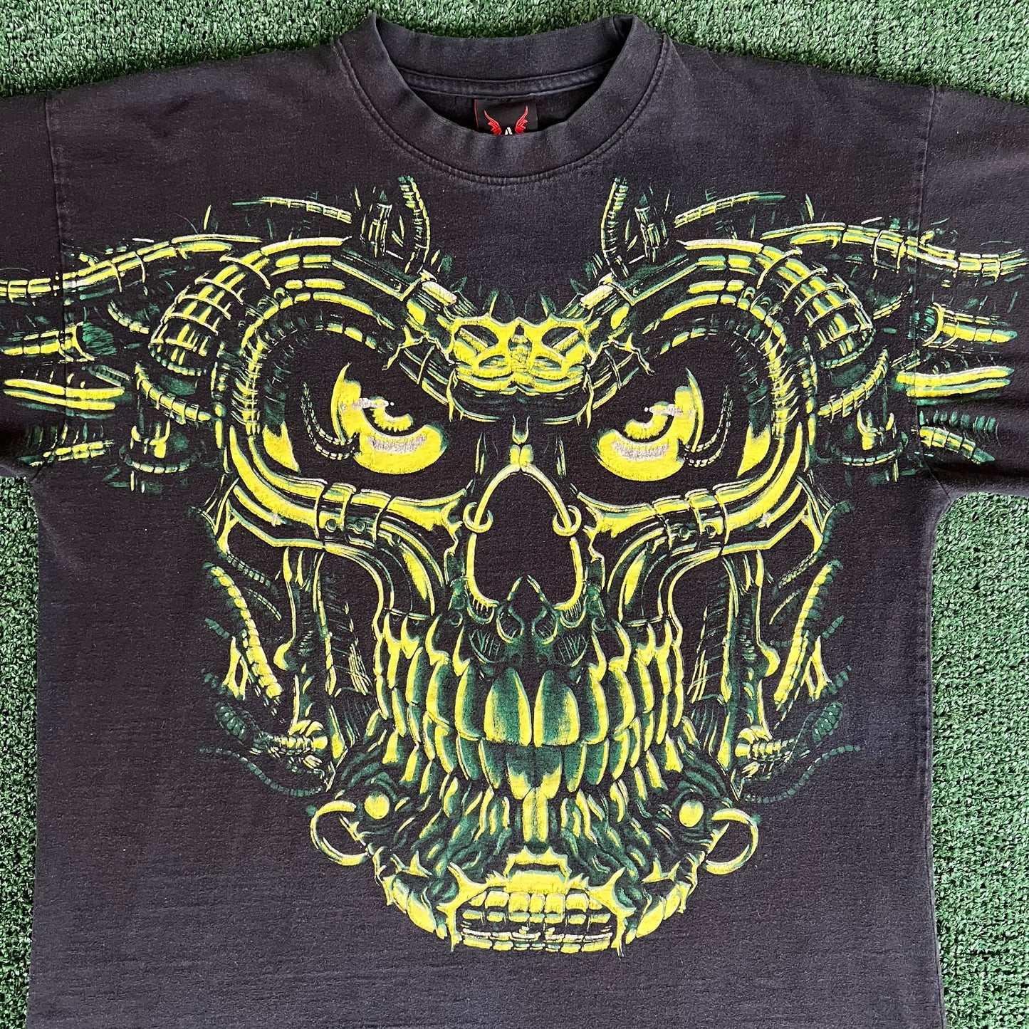 Y2K Liquid Blue Terminator Skull Black Neon Green Glow In The Dark AOP Faded Black T-Shirt - XL
