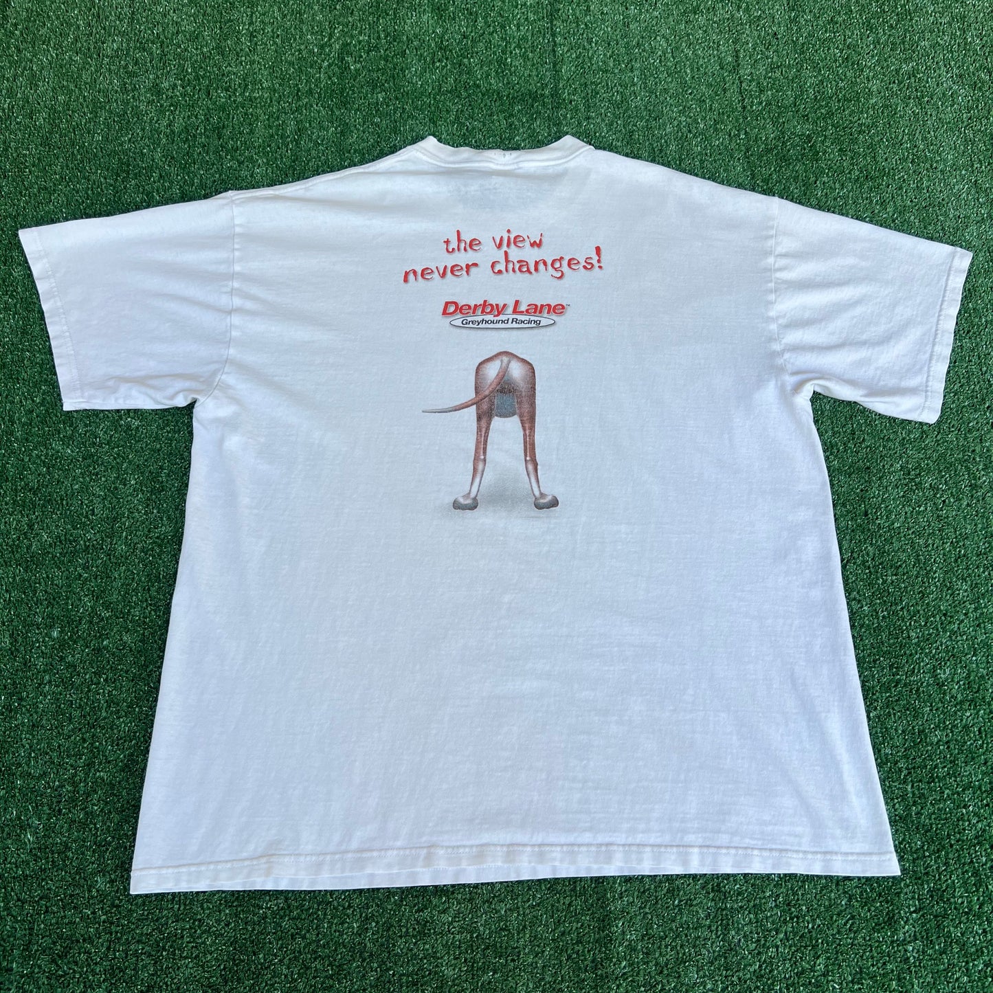 Vintage Y2K Men's Derby Lane Greyhound Dog Butt Racing Funny White T-Shirt - XL