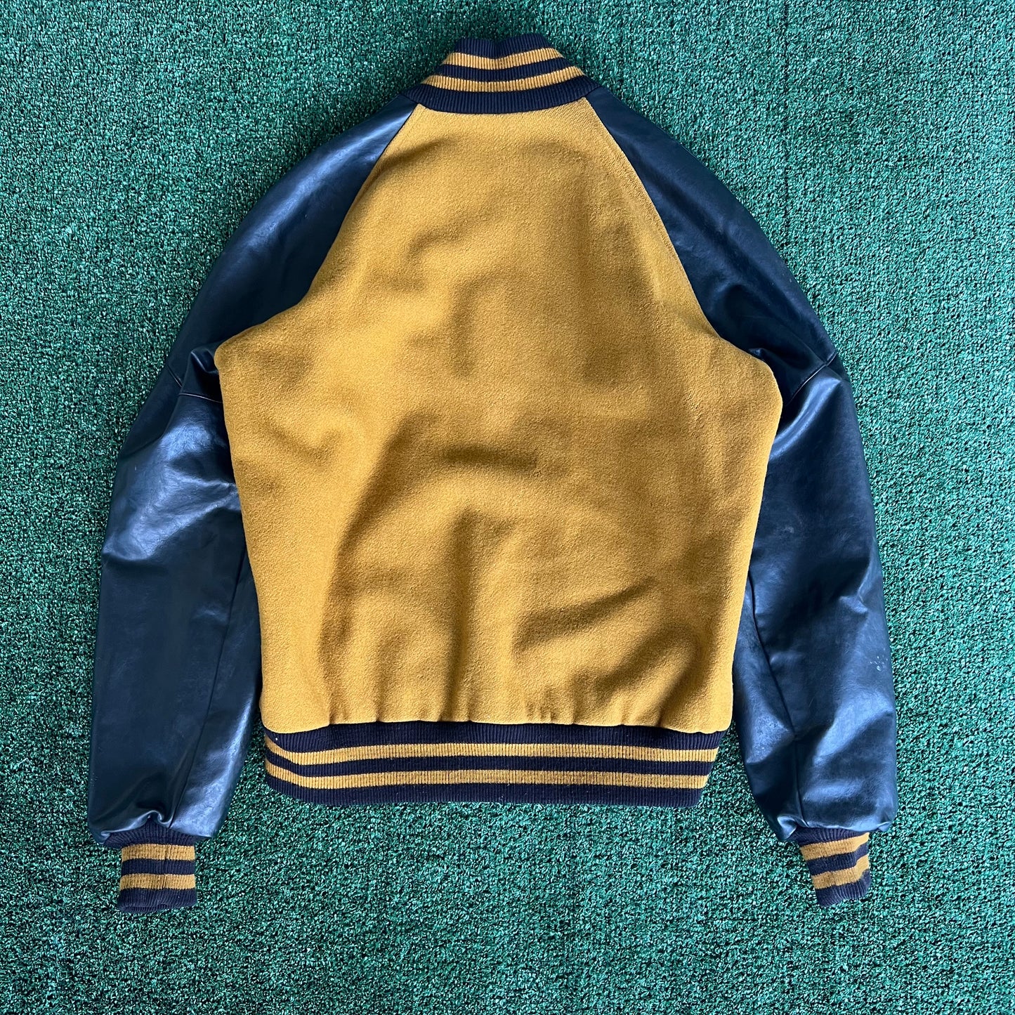 90s Tejas Wool Leather Varsity Jacket Band Patch Mustard Yellow Black - Large