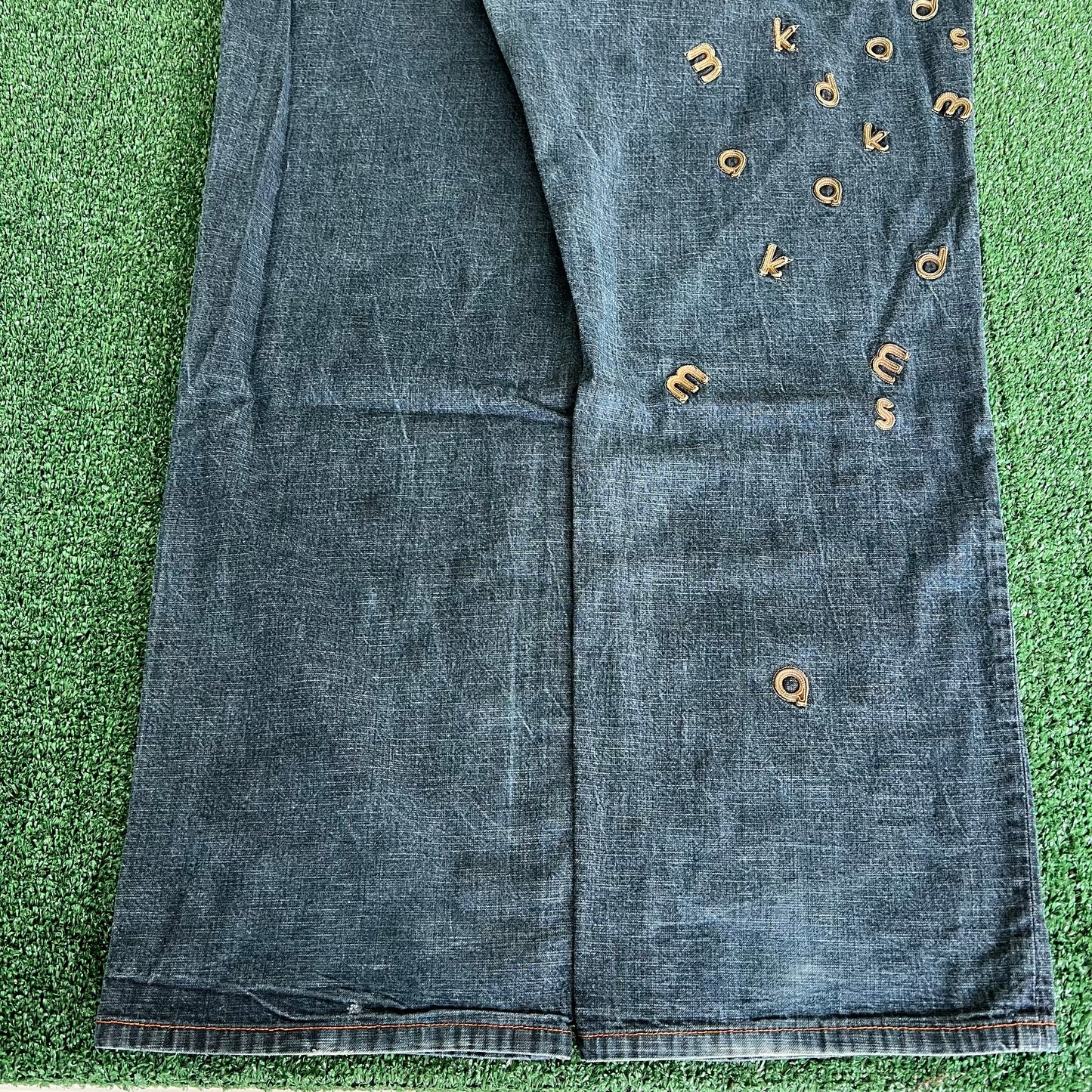 Y2K Akademiks Wide-Leg Alphabet Soup Blue Jeans 44x32" 20" Openings JNCO