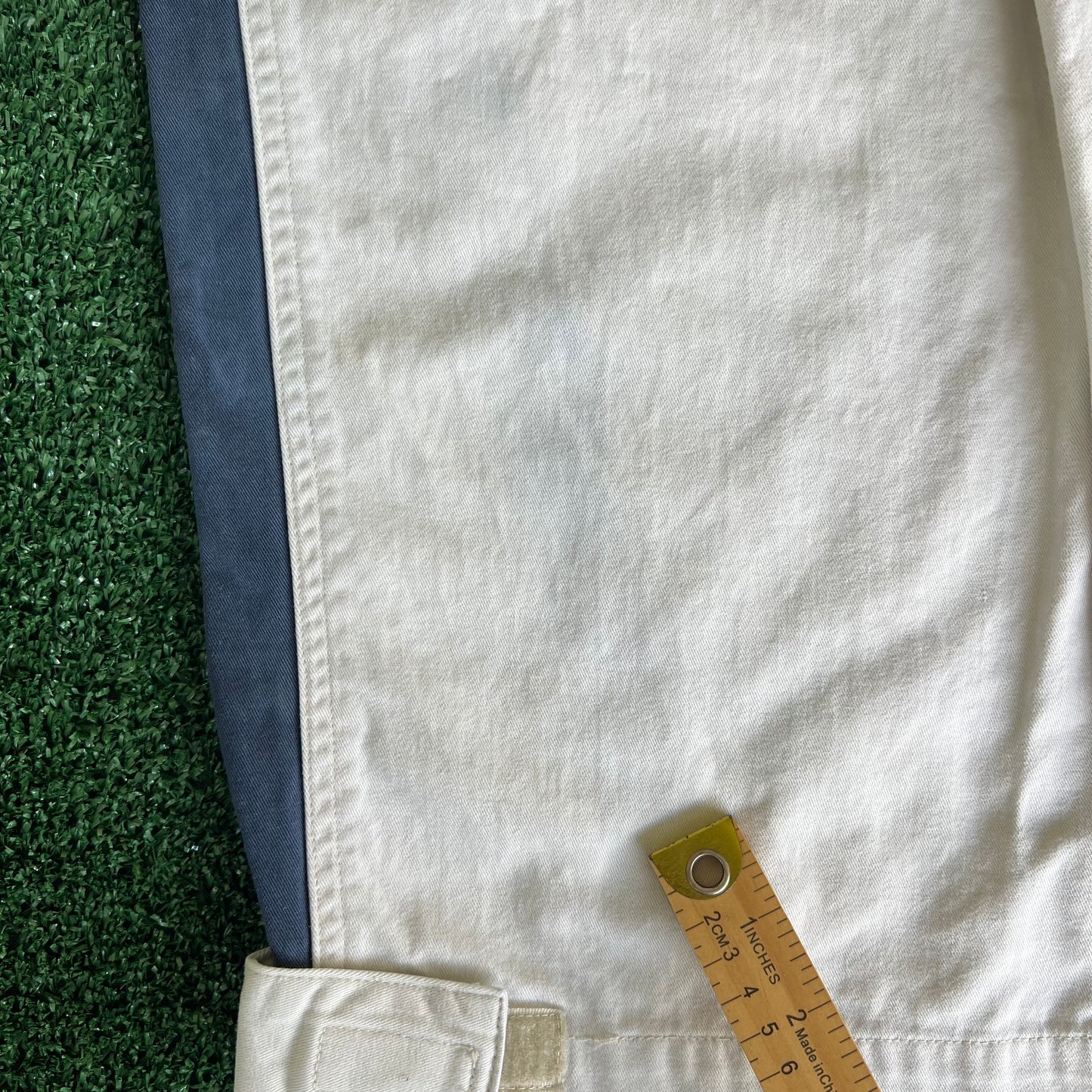 Y2K Wu Wear Distressed Baggy Light Khaki Faded Navy Striped Pants - 31x30.5" 20" Openings