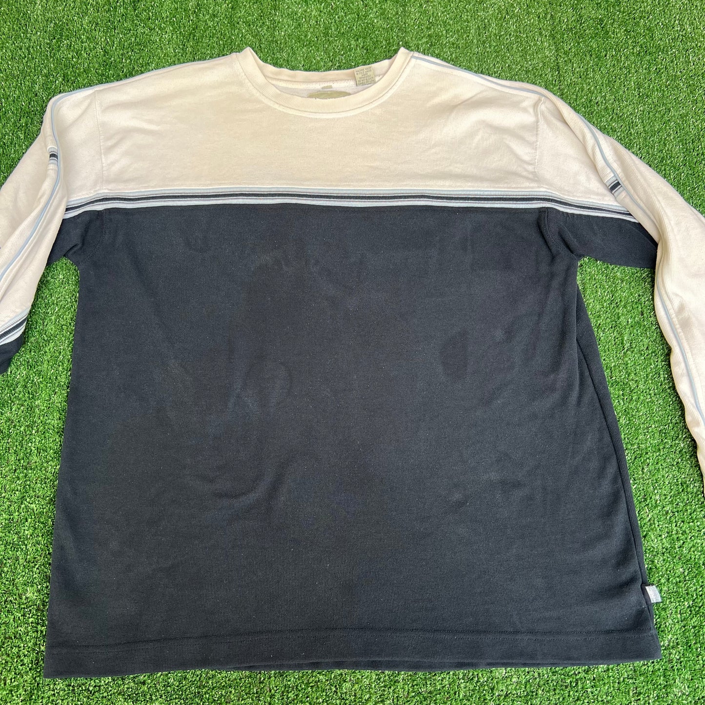 Vintage Y2K Men's Point Zero Navy Blue Striped White Ribbed Long Sleeve T-Shirt - XL