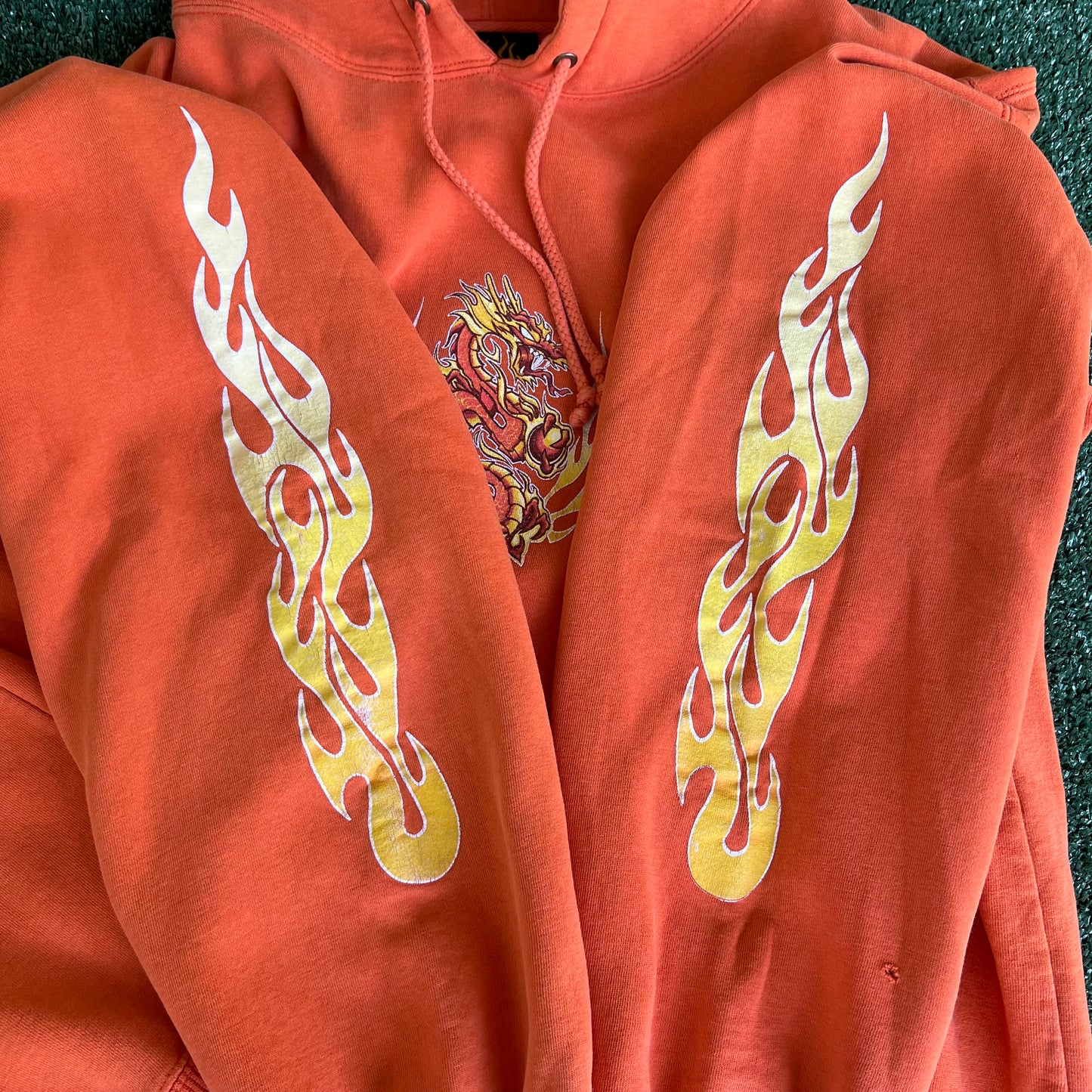 Y2K Year of The Dragon Tribal Flame Skate Distressed Faded Orange Hoodie - XL