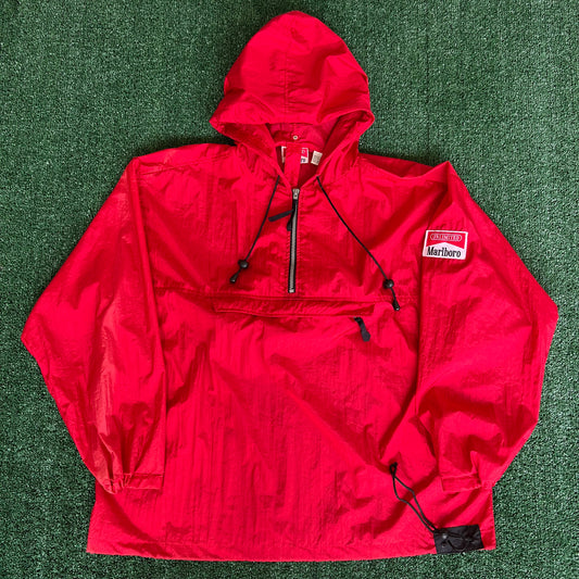 90s Marlboro Cigarettes Packable Red Hooded Windbreaker Jacket - Large