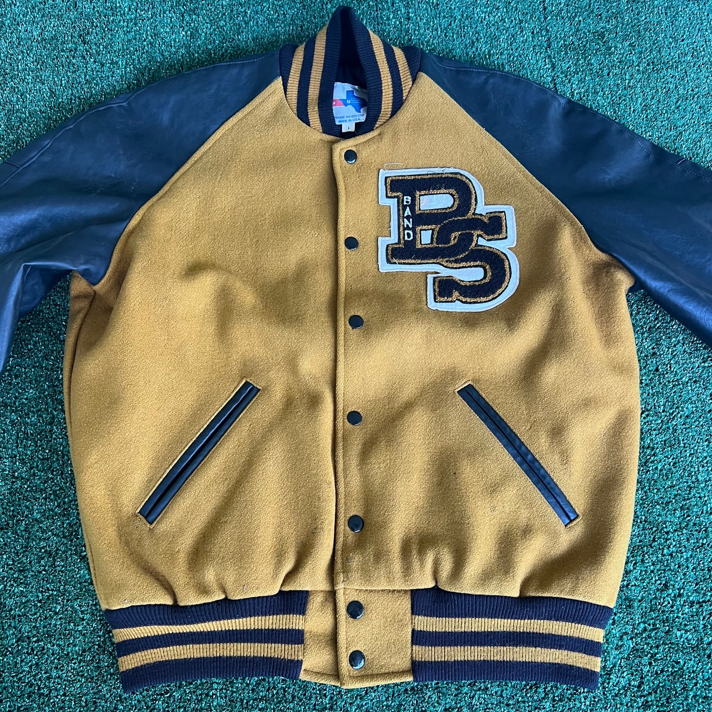 90s Tejas Wool Leather Varsity Jacket Band Patch Mustard Yellow Black - Large