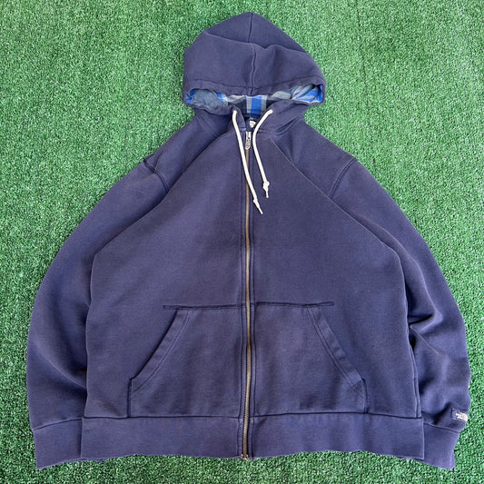 Vintage Y2K Men's The North Face Navy Blue Plaid Flannel Lined Zip Hoodie - Large