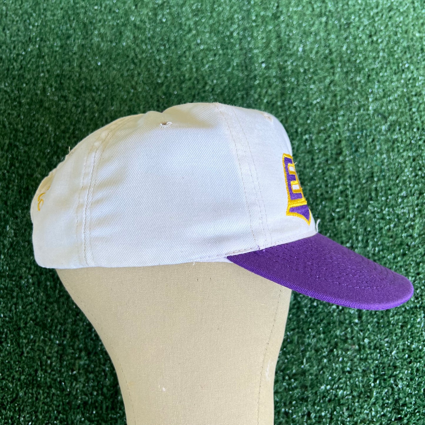 90s East Carolina University Pirates Script White Purple Snapback Hat