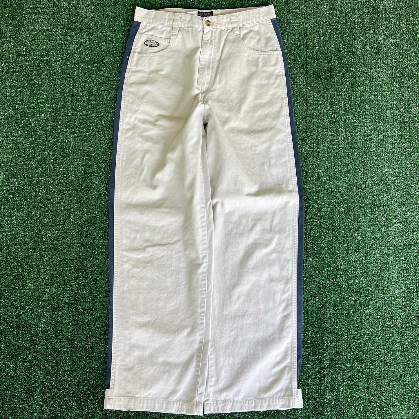 Y2K Wu Wear Distressed Baggy Light Khaki Faded Navy Striped Pants - 31x30.5" 20" Openings