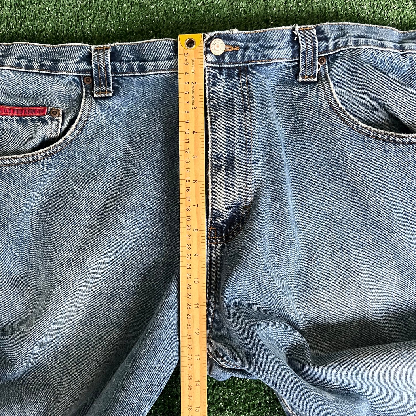 Y2K Men's US Polo Assn Baggy Carpenter Skate Blue Denim Shorts Jorts - 39x13"