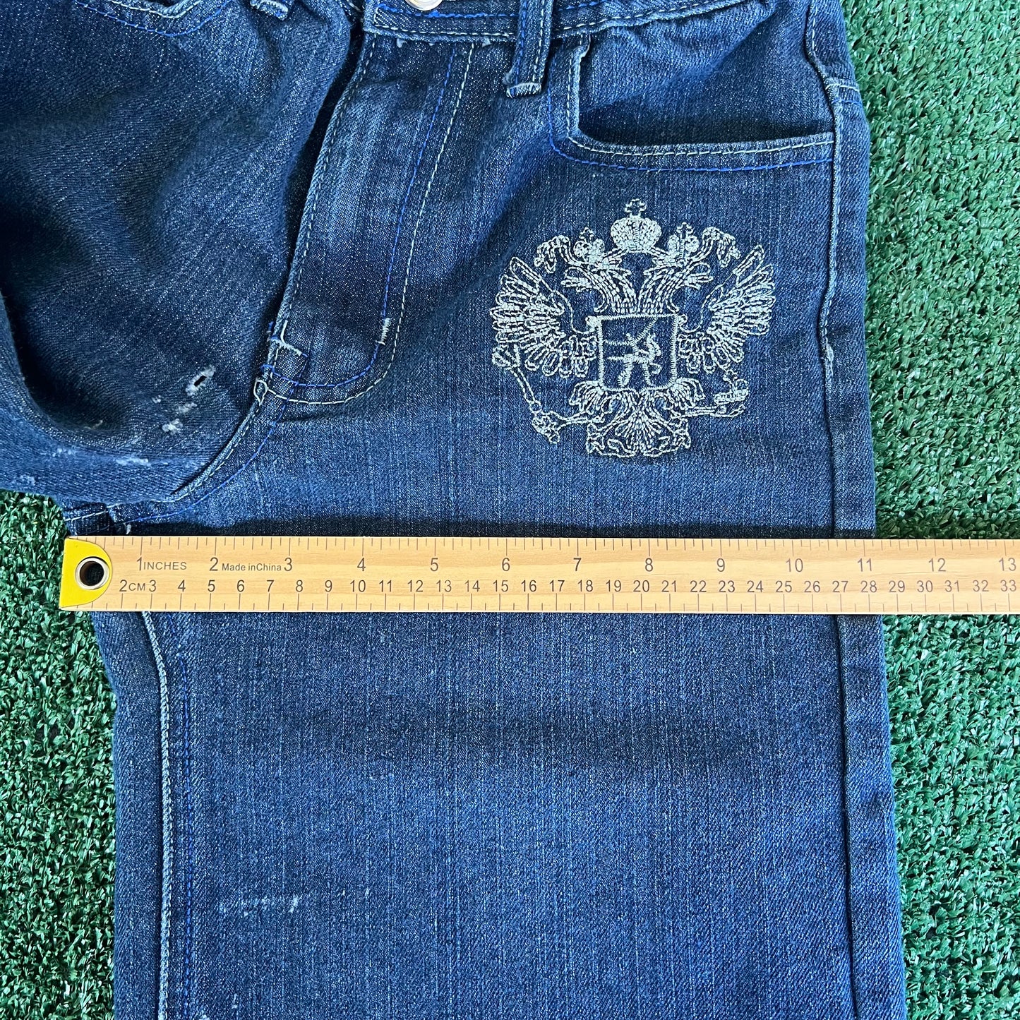 Y2K Distressed Old Skool Embroidered Indigo Blue Jean Shorts - 25x11"