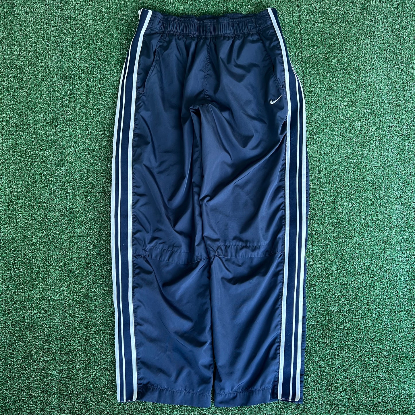Y2K Nike Baggy Tear Away Basketball WarmUp Navy Blue Side Stripe Pants - Large