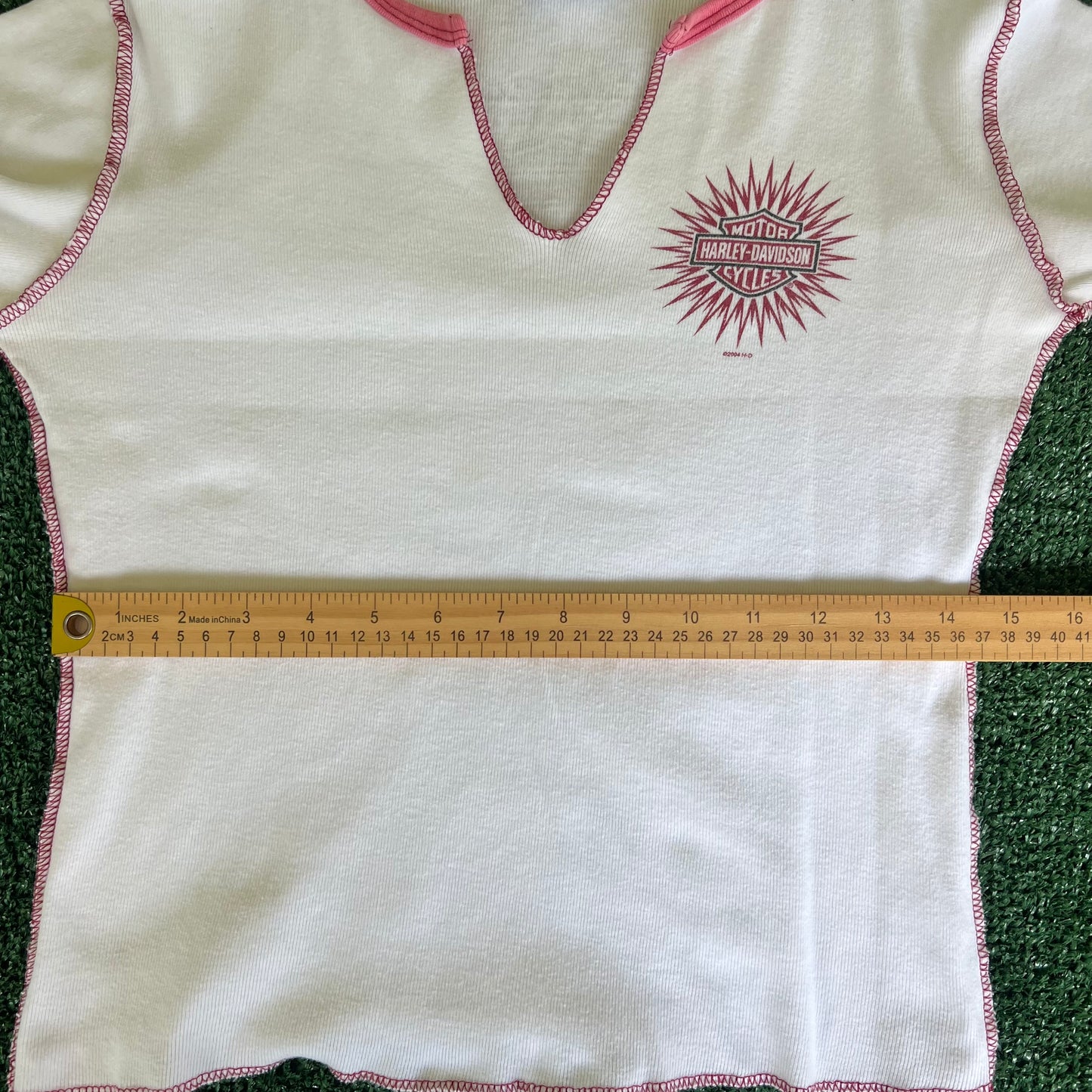 Women's Y2K Harley Davidson V-Neck White Dark Red Long Sleeve Shirt - Small