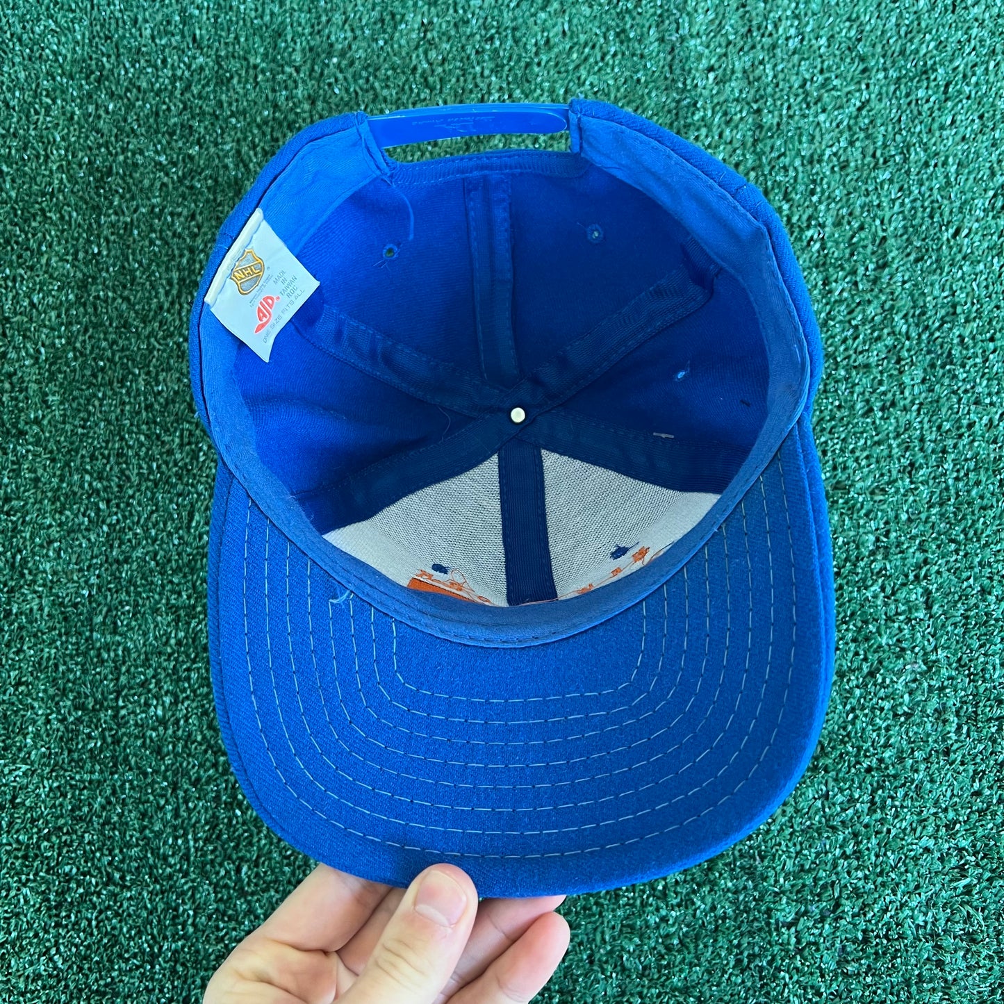 90s AJD NHL New York Islanders Script Spellout Blue Wool Snapback Hat