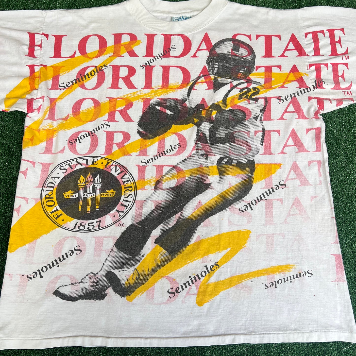 Vintage 90s Men's Florida State Seminoles FSU White AOP T-Shirt XL 26.25x28.75"