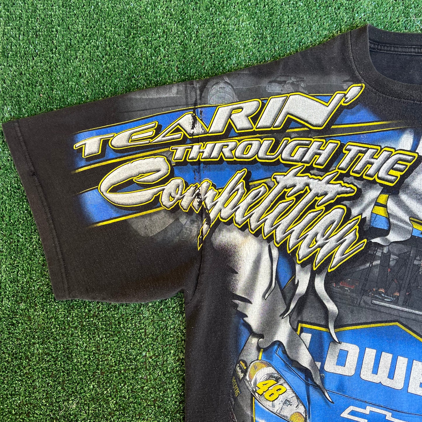 VTG Y2K Mens Chase Authentics Nascar Jimmie Johnson Faded Black AOP T-Shirt - 2XL