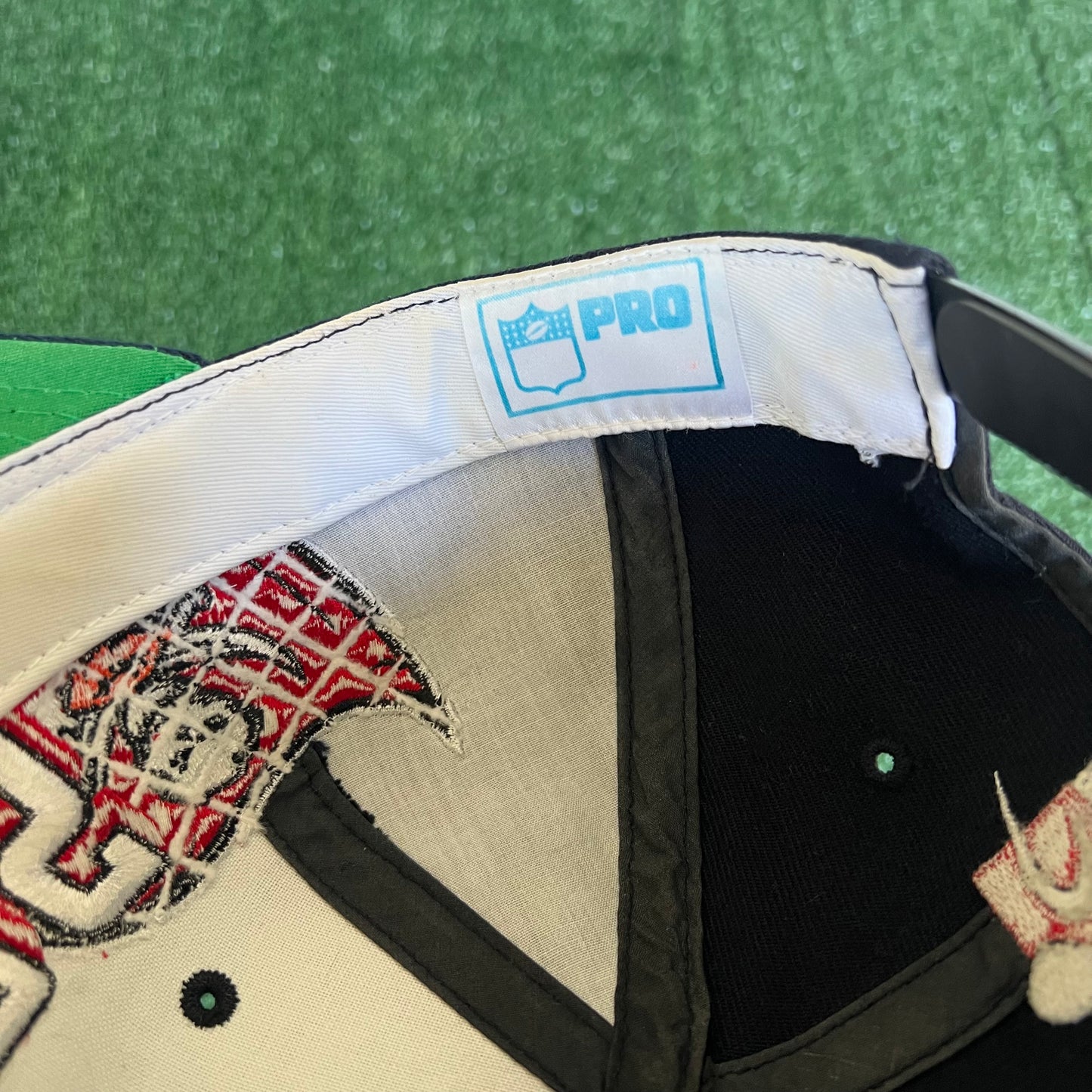 90s Sports Specialties NFL Tampa Bay Buccaneers Laser Grid Script Black Snapback Hat