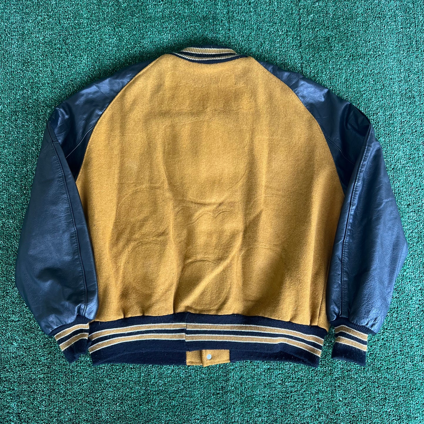 90s Delong Blank Wool Leather Mustard Yellow Black Varsity Jacket - XL
