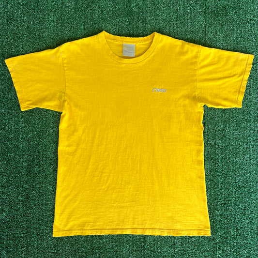 Y2K Nike Yellow Embroidered Essential Spellout Distressed T-Shirt - Medium