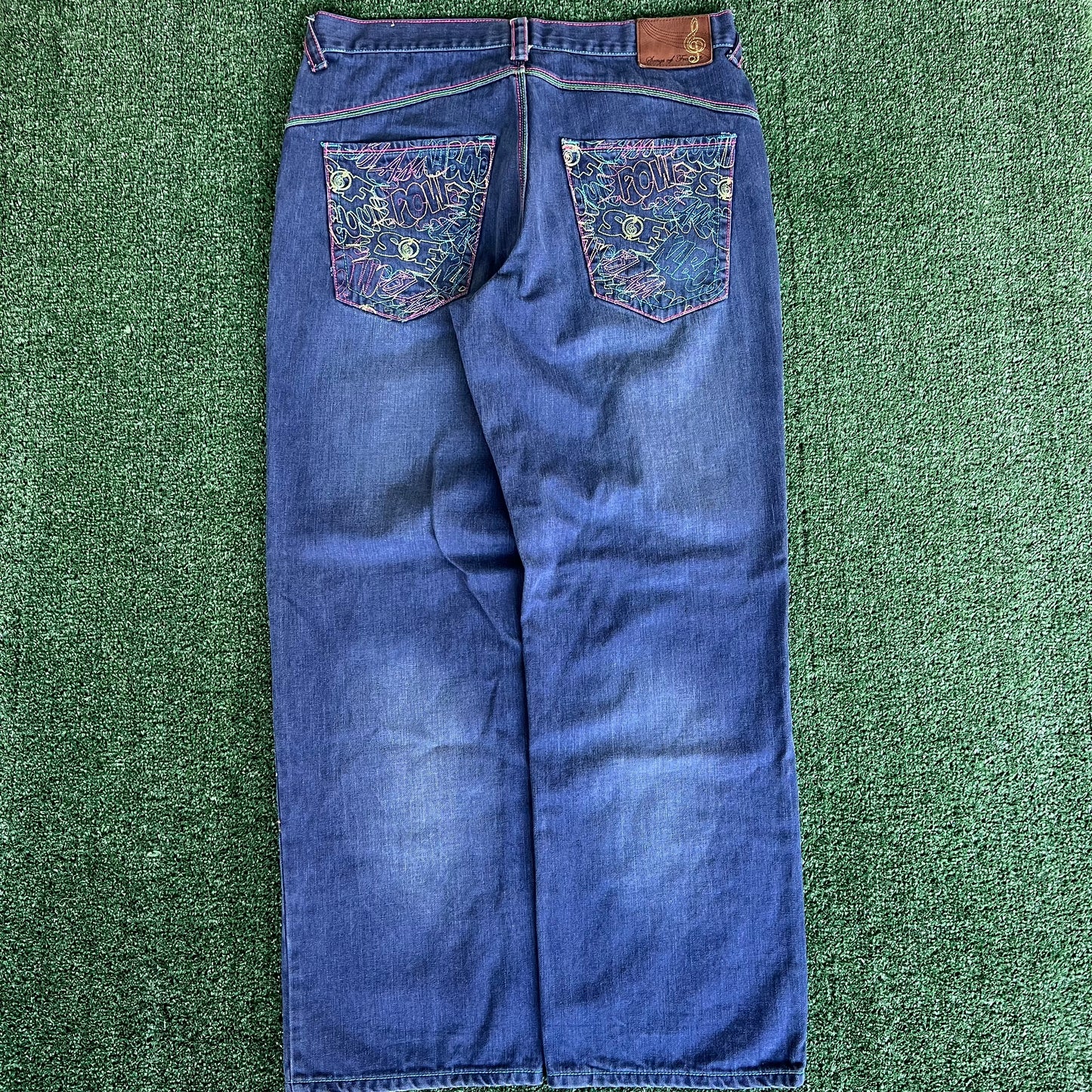 Y2K Songs Of Freedom Dark Blue Baggy Embroidered Jeans - 37x32" 20" Opening