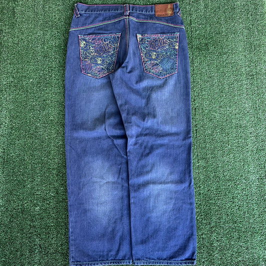 Y2K Songs Of Freedom Dark Blue Baggy Embroidered Jeans - 37x32" 20" Opening