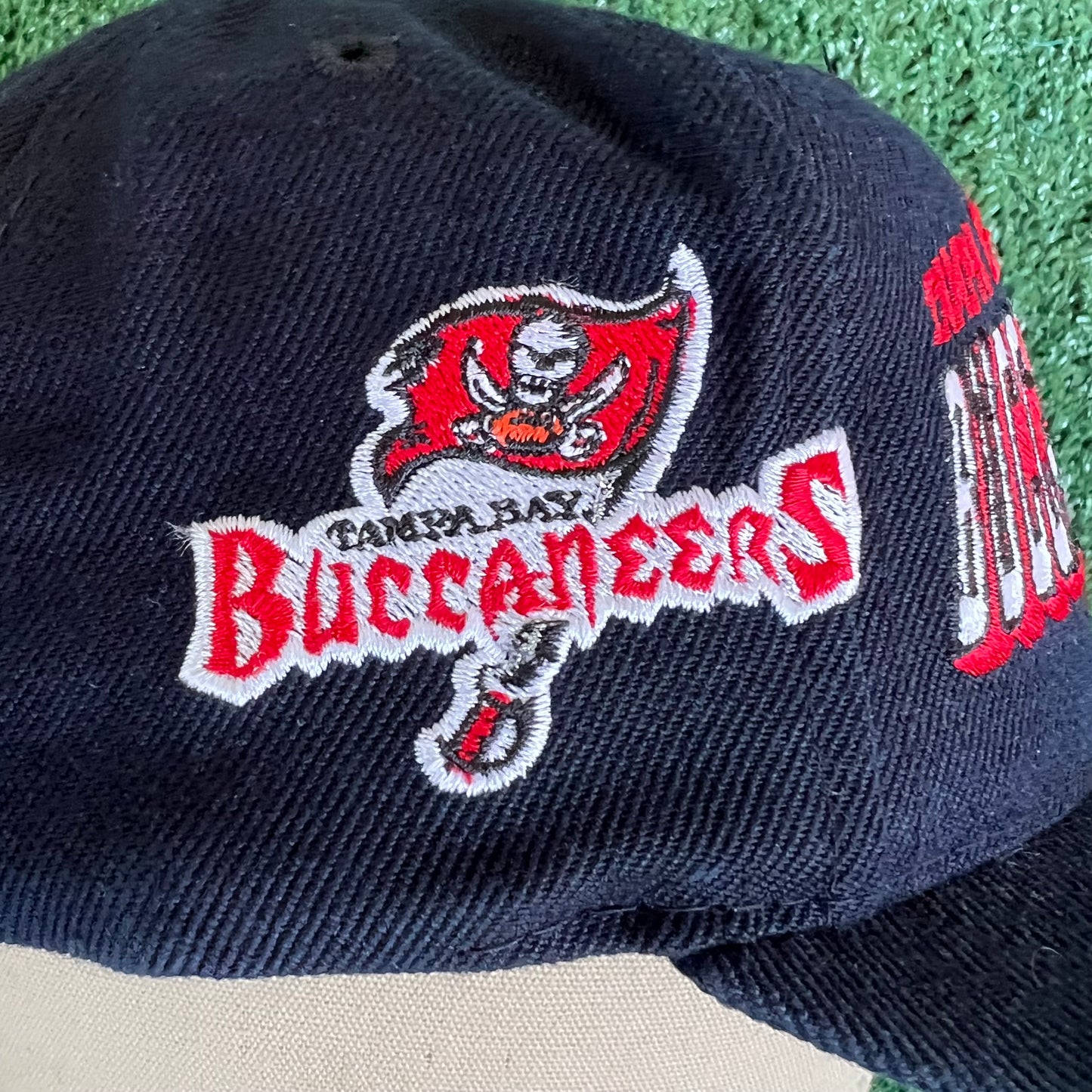 90s Sports Specialties NFL Tampa Bay Buccaneers Laser Grid Script Black Snapback Hat