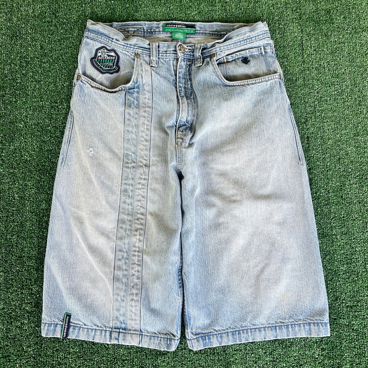 Y2K Rocawear Baggy Distressed Light Wash Blue Jean Shorts - 34x14.5"