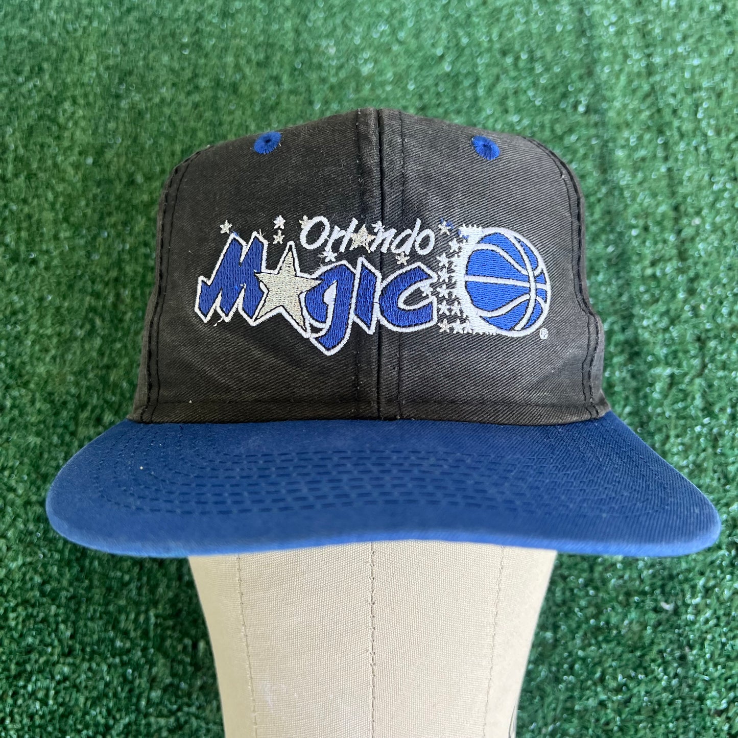 90s Logo 7 NBA Orlando Magic Script Spellout Faded Black Snapback Hat