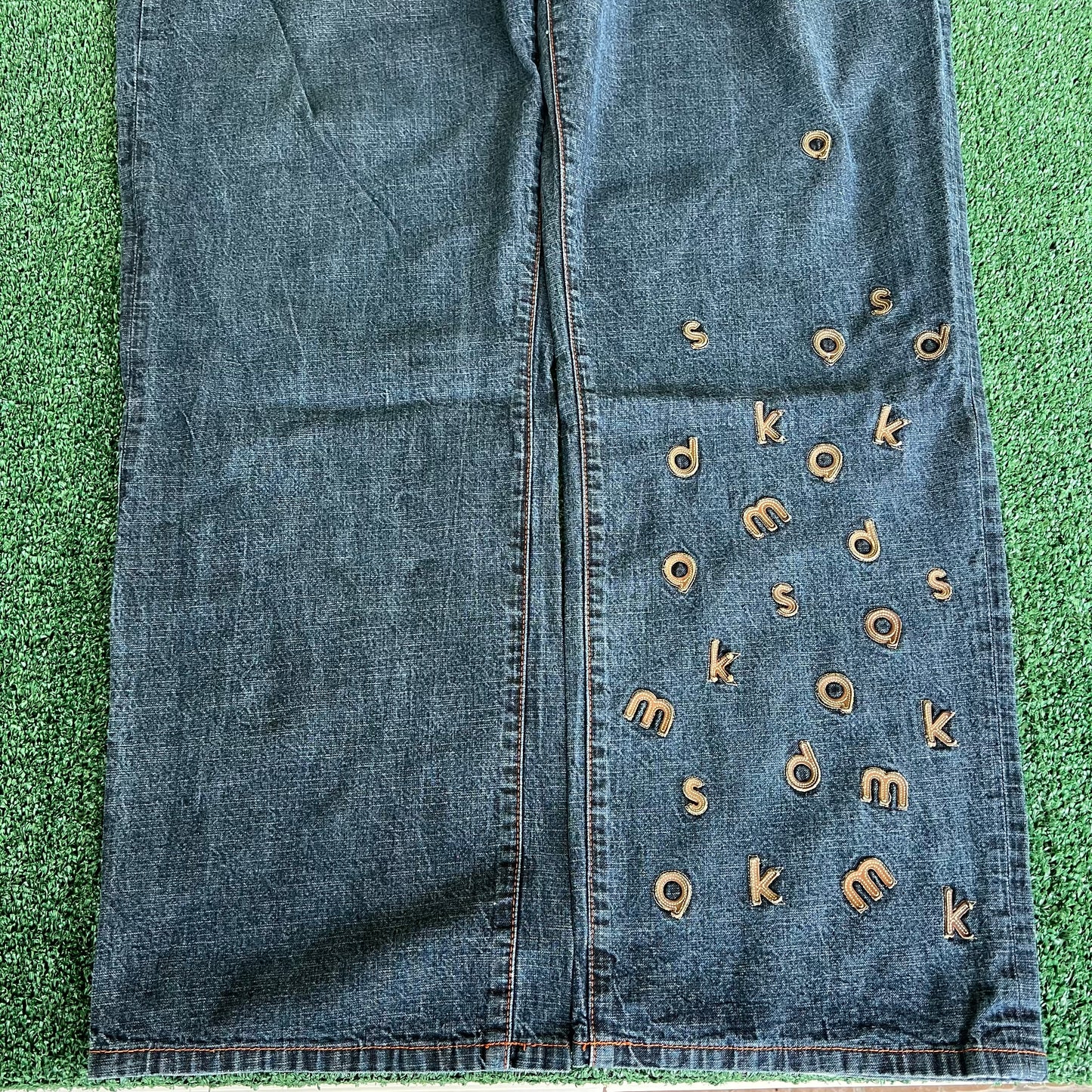 Y2K Akademiks Wide-Leg Alphabet Soup Blue Jeans 44x32" 20" Openings JNCO