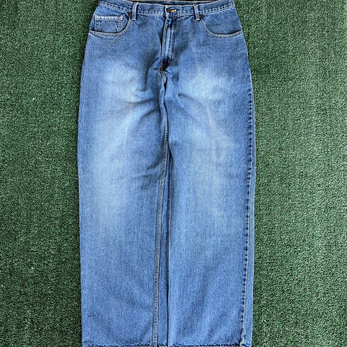 Y2K Bad Boy Records Blue Baggy Wide-Leg Jeans - 37x33.5" 20" Opening