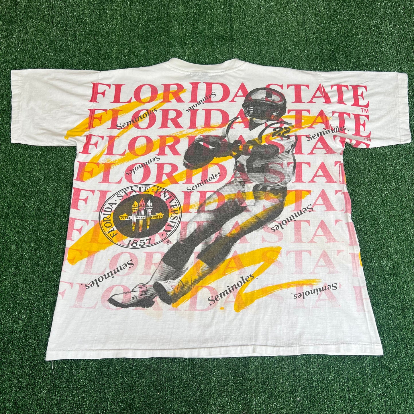 Vintage 90s Men's Florida State Seminoles FSU White AOP T-Shirt XL 26.25x28.75"