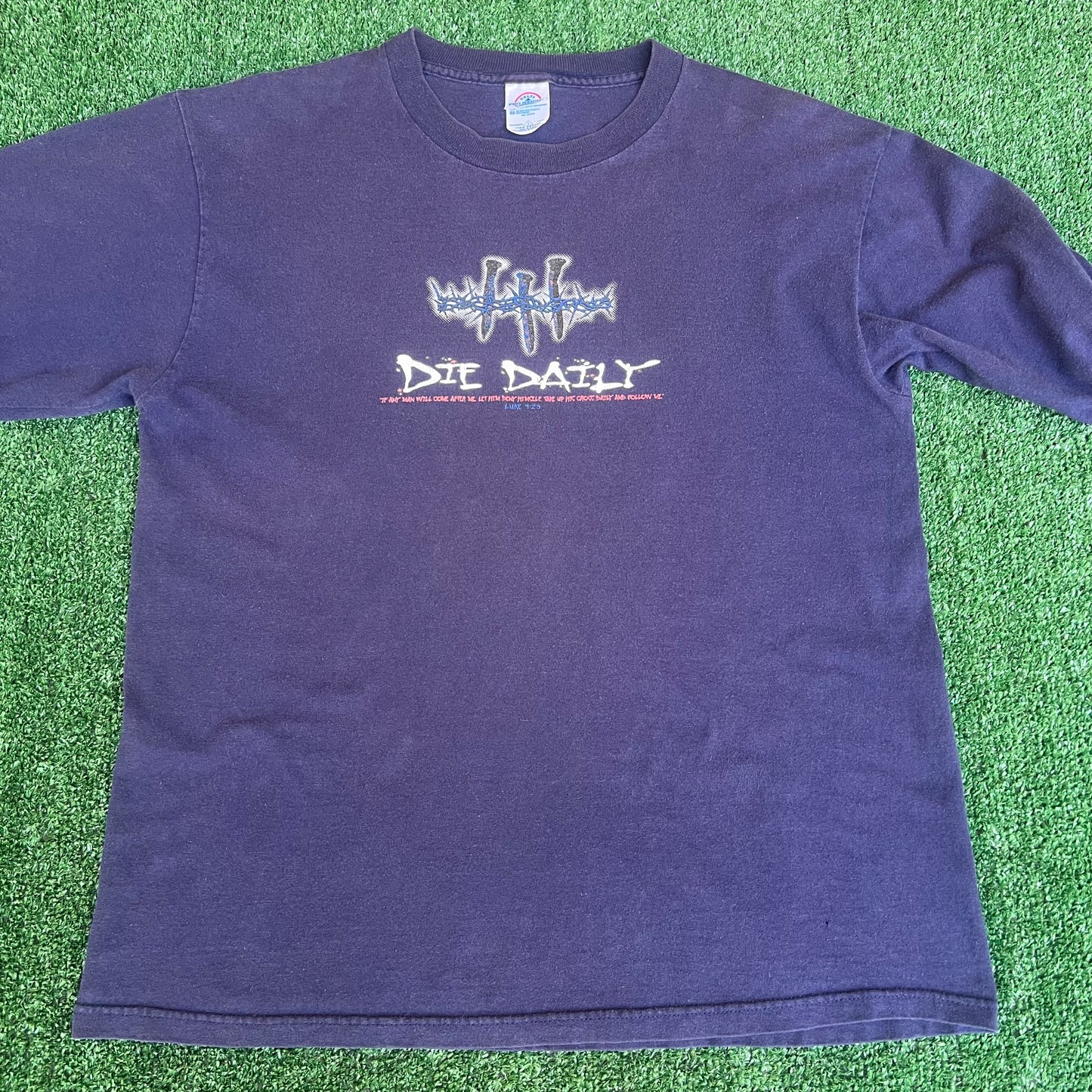 Vintage Y2K Living Epistles Jesus Die Daily Crown Thorns Nails Navy Long Sleeve T-Shirt - Large