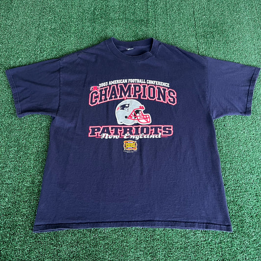 Y2K 2003 NFL New England Patriots Tom Brady AFC Champs Navy T-Shirt - XL