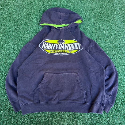 Men's Harley Davidson Heavyweight Faded Navy Navy Blue Neon Green Bay Hoodie - XL
