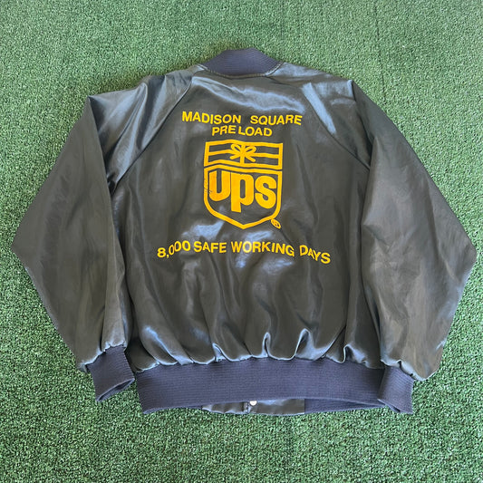 80s 90s UPS Madison Square NYC Midnight Blue Satin Bomber Jacket - Large
