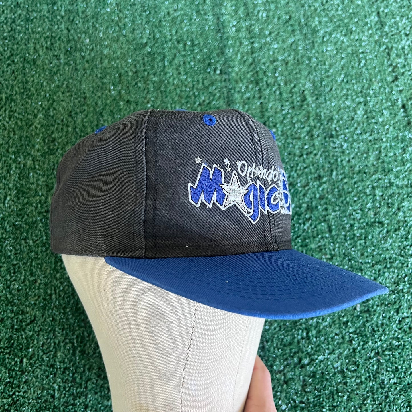 90s Logo 7 NBA Orlando Magic Script Spellout Faded Black Snapback Hat