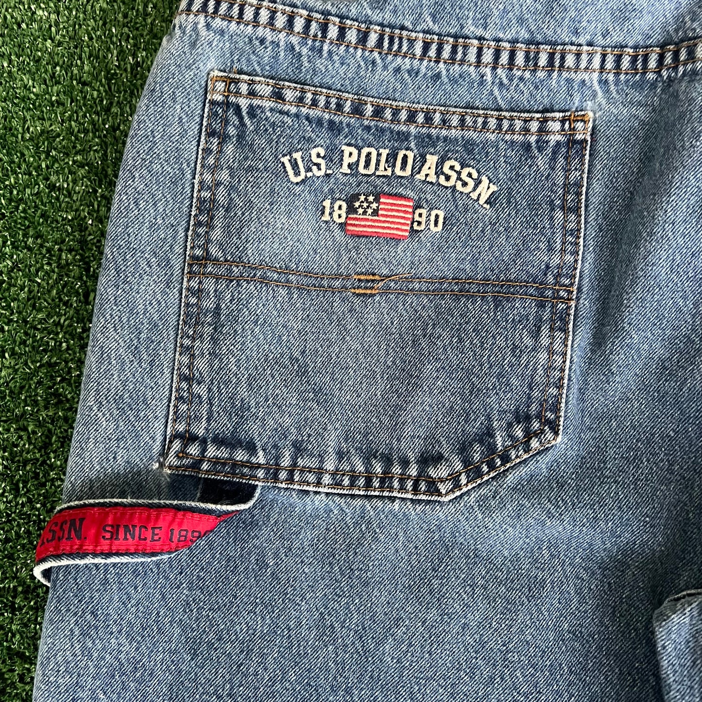 Y2K Men's US Polo Assn Baggy Carpenter Skate Blue Denim Shorts Jorts - 39x13"
