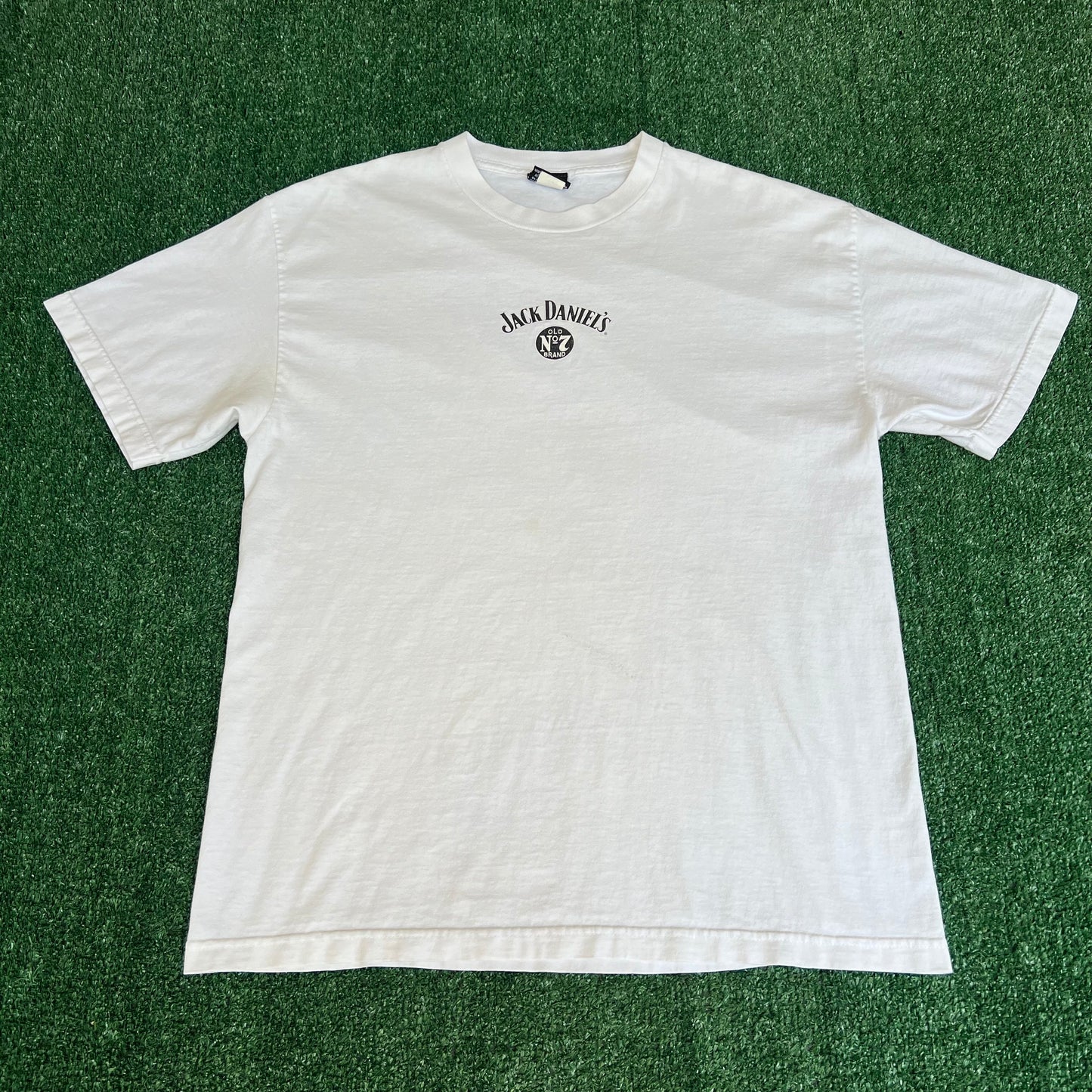 VTG Y2K Jack Daniels Whiskey Promo Center Logo Motorcycle White T-Shirt - Large