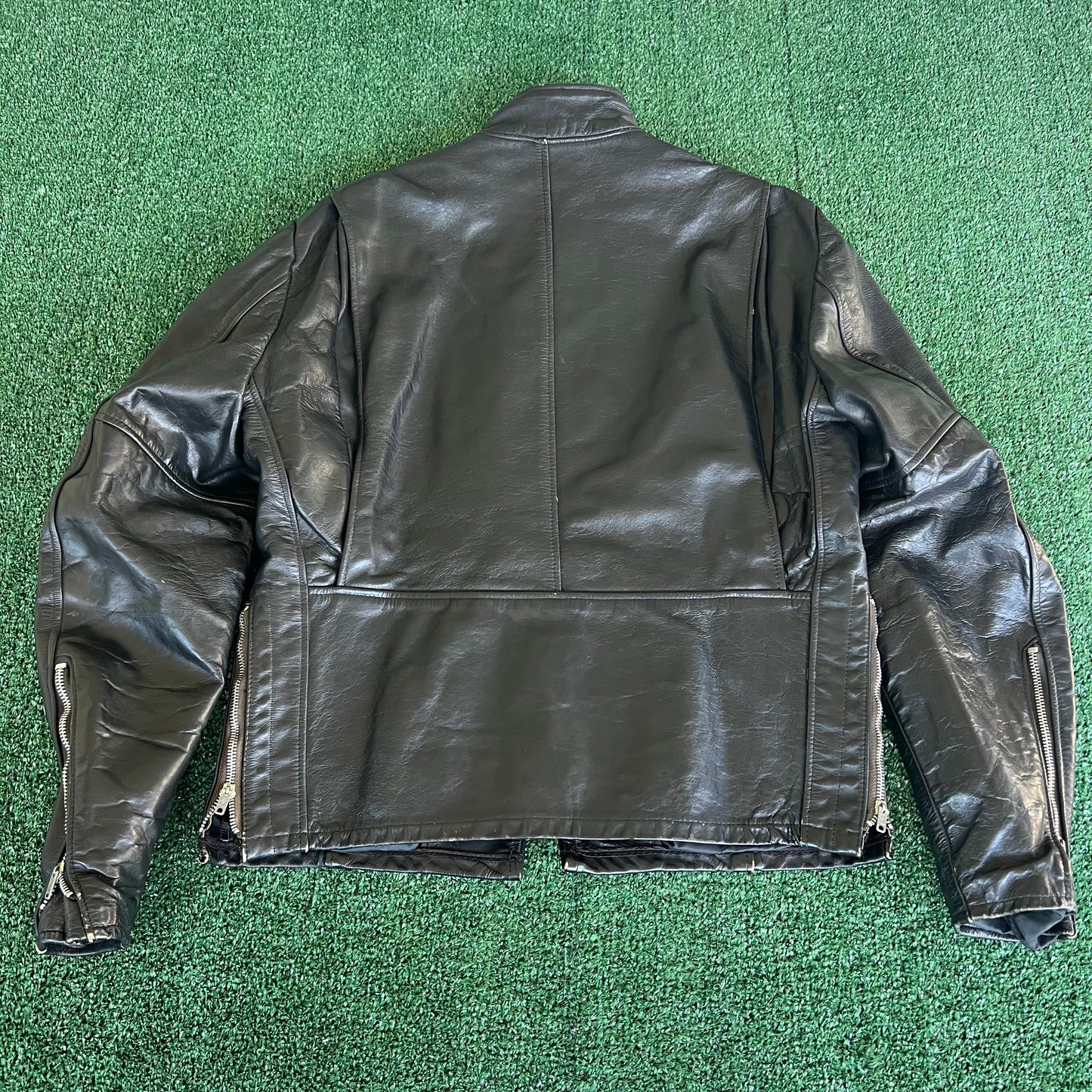 70s Mens 100% Genuine Thick Leather Black Motorcycle Jacket Medium 22x26