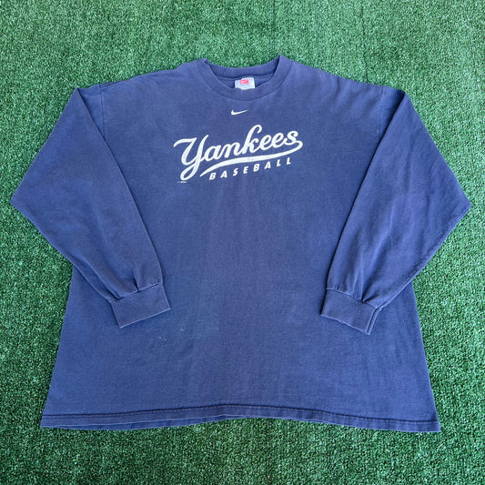 VTG Y2K Nike MLB New York Yankees Center Swoosh Navy Blue Distress LS T-Shirt - XL