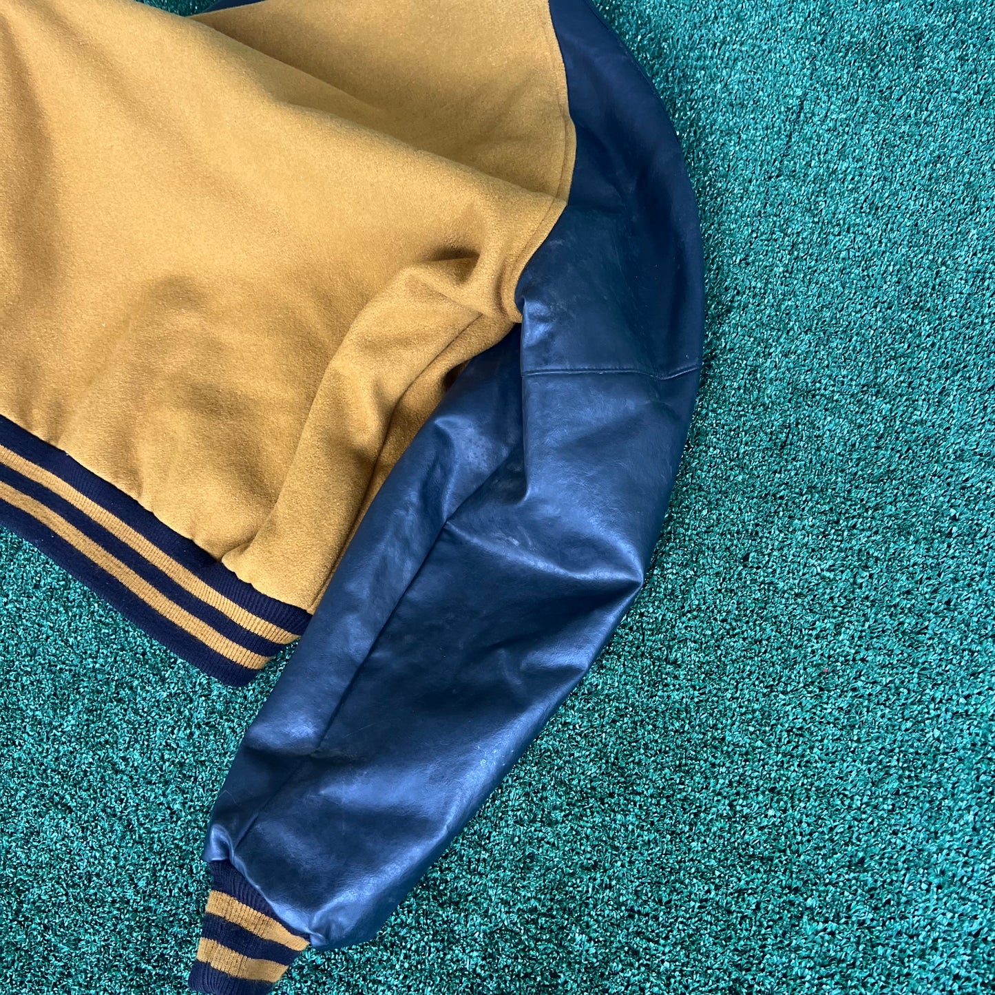 90s Tejas Wool Leather Varsity Jacket Band Patch Mustard Yellow Black - Large