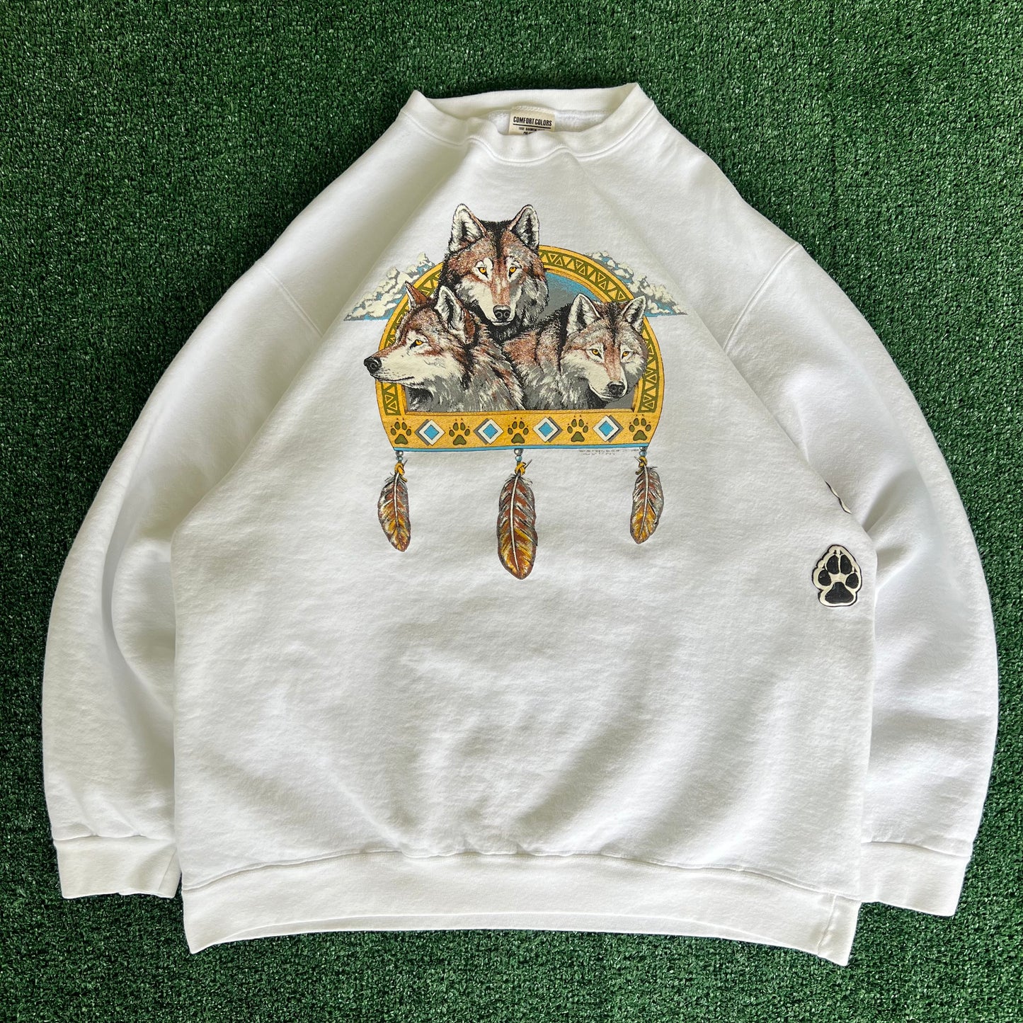 90s Wolves Nature White Crewneck Sweatshirt - Large